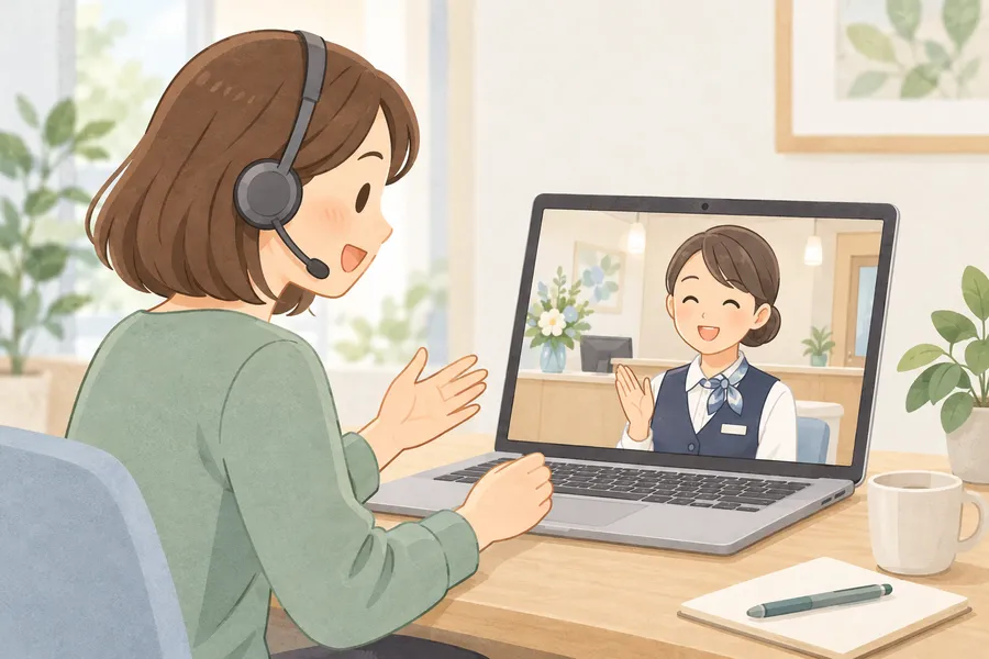 担当者がお客様と画面越しに話しているイラスト